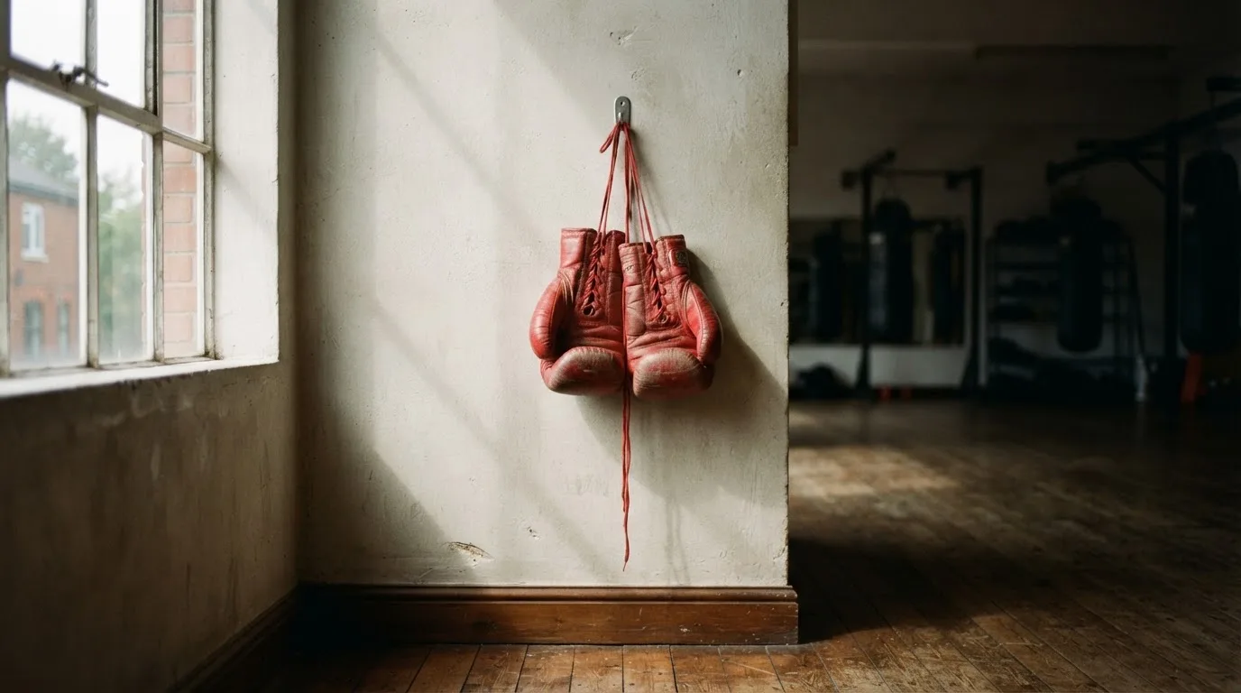 Ein Paar Boxhandschuhe hängt an einem Haken in einer leeren Trainingshalle, durch ein Fenster fällt Tageslicht auf den Boden.
