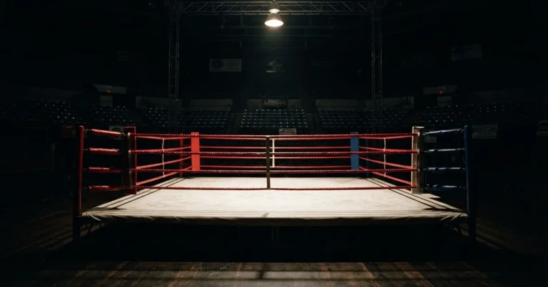 Ein leerer Boxring mit gespannten Seilen unter einer Hallenlampe, der Ringboden ist im Licht gut zu erkennen, niemand ist zu sehen.