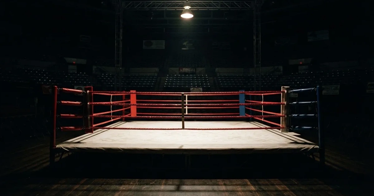 Ein leerer Boxring mit gespannten Seilen unter einer Hallenlampe, der Ringboden ist im Licht gut zu erkennen, niemand ist zu sehen.