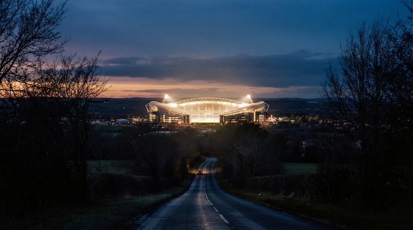 Ein Stadion unter Flutlicht aus großer Entfernung gesehen, davor eine dunkle Landstraße und einzelne Bäume in der Dämmerung.
