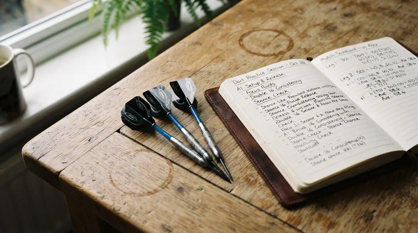 Wurfpfeile liegen auf einem Holztisch neben einem Notizbuch mit handschriftlichen Zeilen, Tageslicht fällt von links ein.
