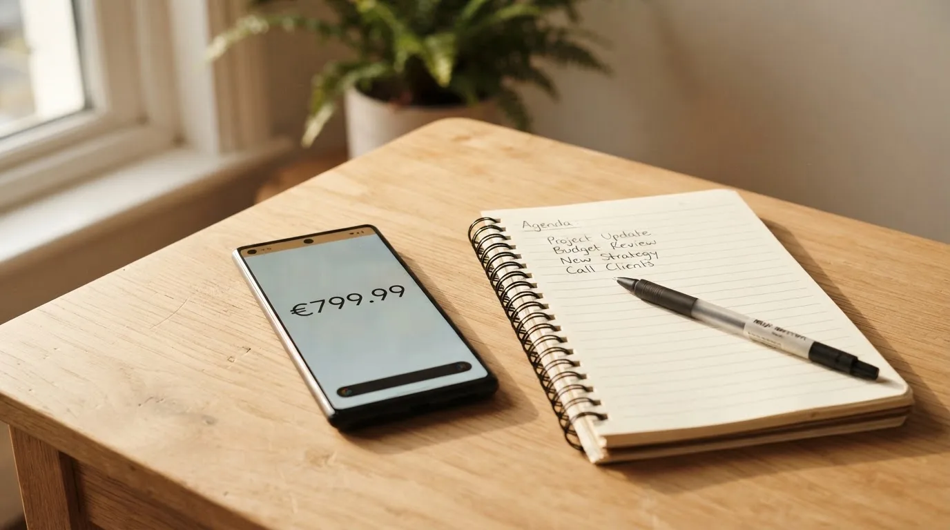 Ein Smartphone mit dunklem Display liegt auf einem Holztisch neben einem Notizblock und einem Stift, Tageslicht von links.