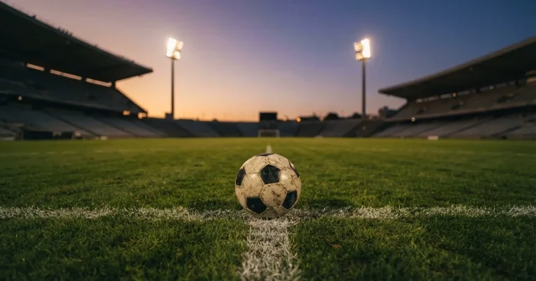 Ein Fußball liegt auf dem Anstoßpunkt eines Rasenplatzes in der Dämmerung, in der Ferne leuchten Flutlichter, die Ränge sind leer.
