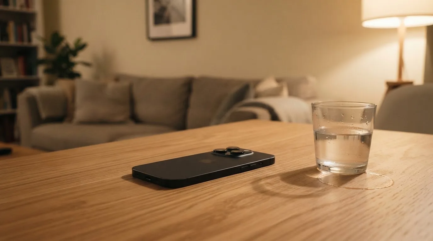 Ein Smartphone liegt mit dem Display nach unten auf einem Holztisch neben einem Glas Wasser, ruhige Abendstimmung in einem Wohnzimmer.