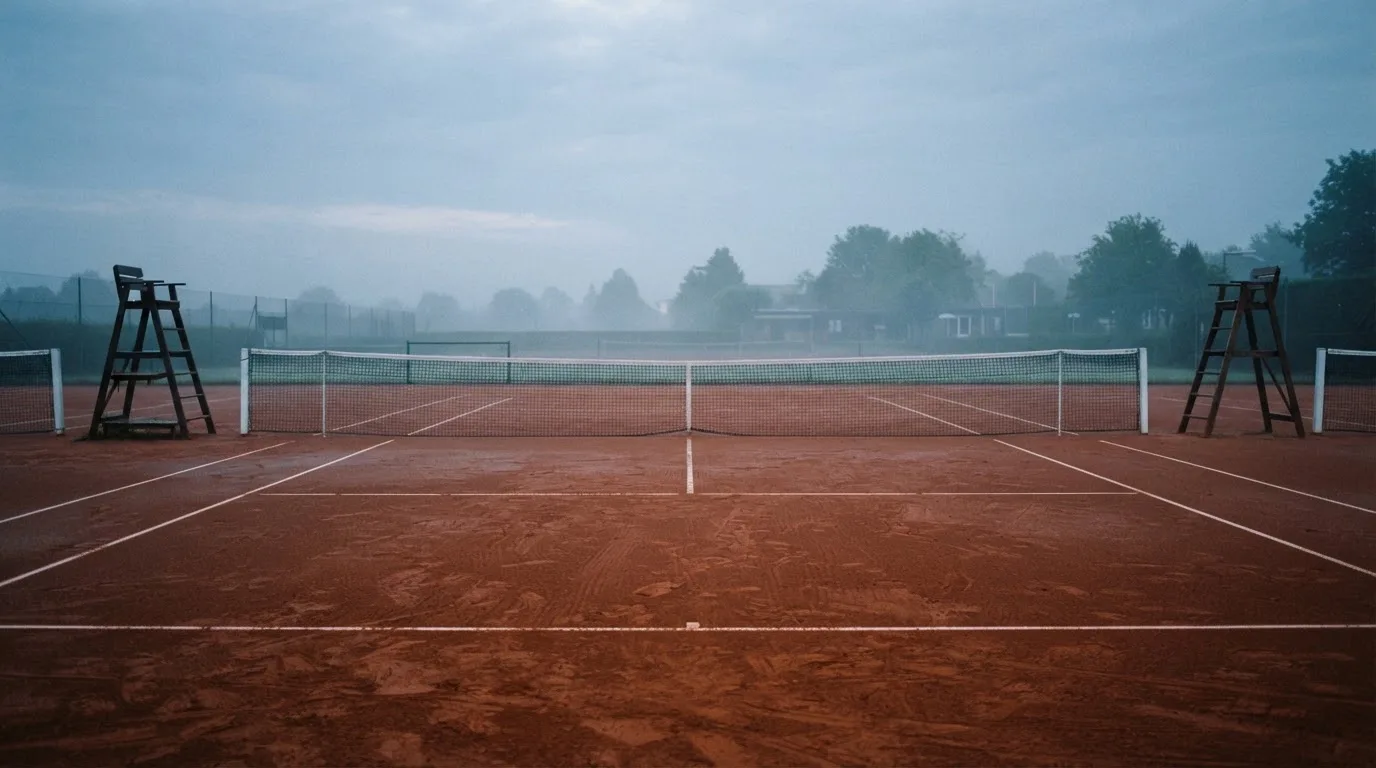 Ein Tennisplatz im Morgengrauen mit feuchtem Sandbelag, gespanntem Netz und leeren Stühlen, Nebel liegt über dem Boden.
