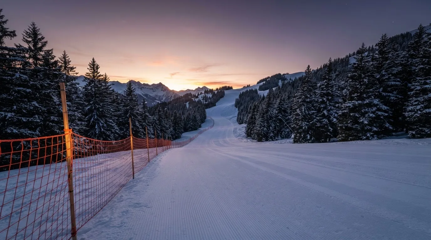 Eine verschneite Skipiste im winterlichen Abendlicht, am Rand Fangzäune und Tannen, keine Menschen zu sehen.