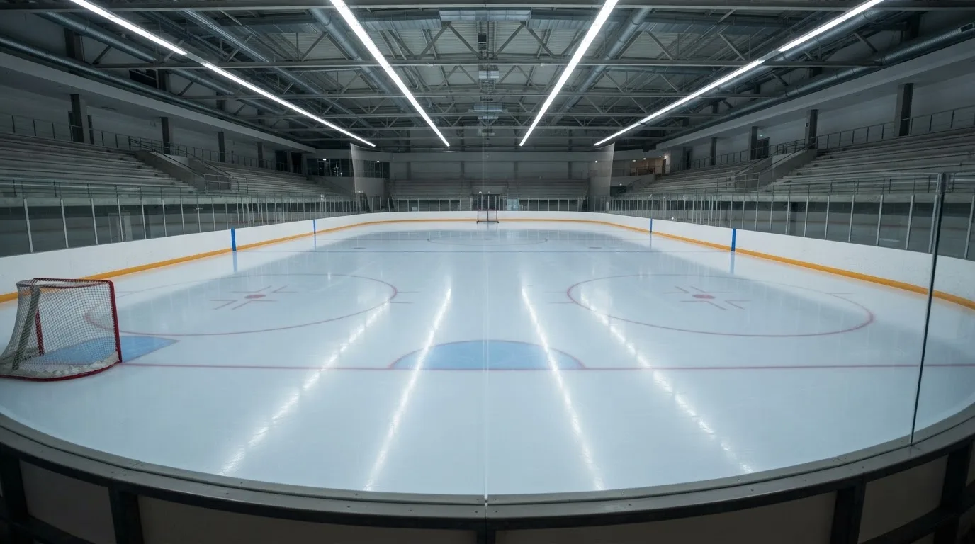 Eine leere Eisfläche in einer Halle mit zwei Toren, das Licht der Deckenlampen spiegelt sich glatt im Eis.