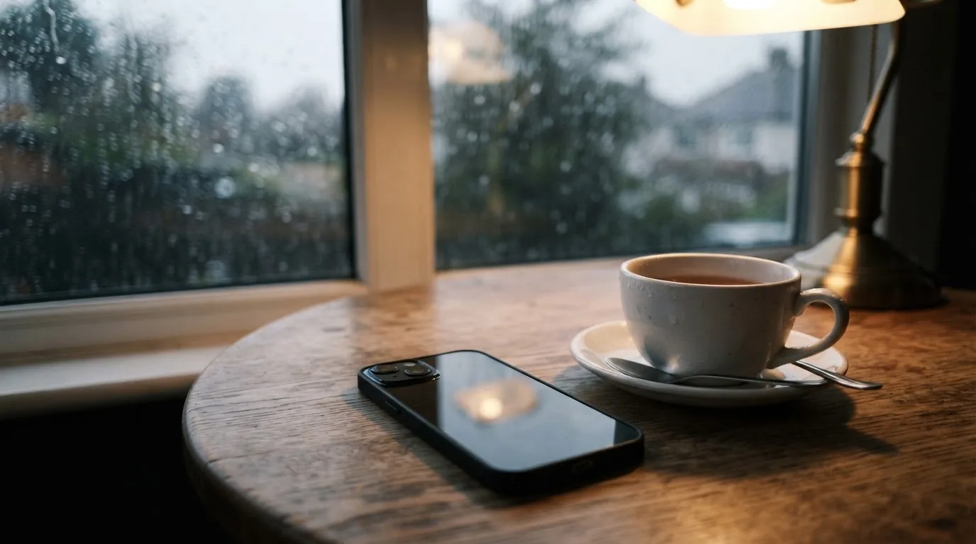 Ein Smartphone mit dunklem Display liegt neben einer Tasse Tee auf einem Tisch am Fenster, draußen fällt Regen.